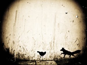 artist illustration of a fox stalking a hen