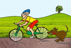 cartoon of cyclist being chased by a dog