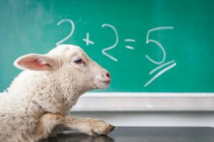 lamb in front of blackboard reading 2+2=5