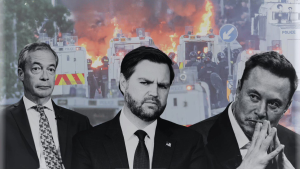 Farage, Vance and Musk in front of riot image